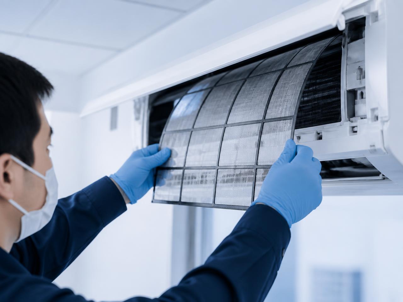 Técnico realizando higienização e manutenção do filtro de um ar-condicionado